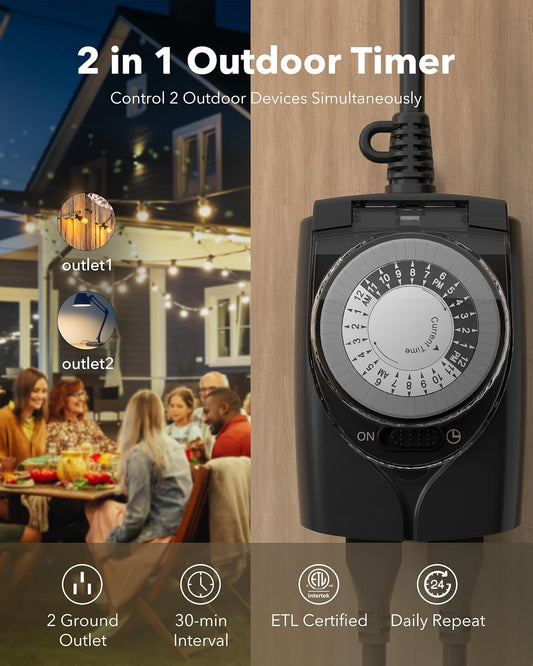 Outdoor Timer Outlet Waterproof, 24 Hour Mechanical Light Timers for Electrical Outlets Outdoor Weatherproof, 2 Grounded Outlets for Christmas Lights, Holiday Decorations, 15A 1/2HP