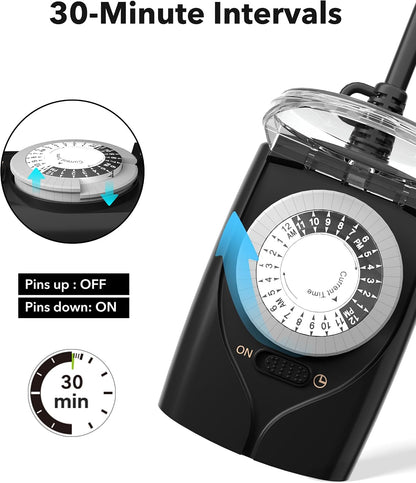 Outdoor Timer Outlet Waterproof, 24 Hour Mechanical Light Timers for Electrical Outlets Outdoor Weatherproof, 2 Grounded Outlets for Christmas Lights, Holiday Decorations, 15A 1/2HP