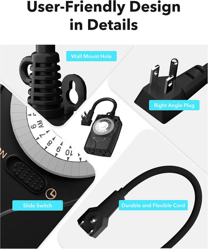 Outdoor Timer Outlet Waterproof, 24 Hour Mechanical Light Timers for Electrical Outlets Outdoor Weatherproof, 2 Grounded Outlets for Christmas Lights, Holiday Decorations, 15A 1/2HP