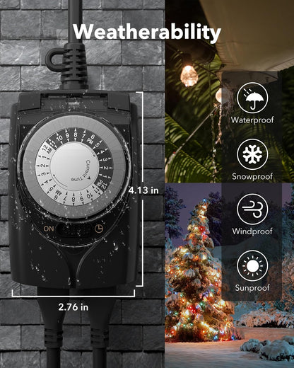 Outdoor Timer Outlet Waterproof, 24 Hour Mechanical Light Timers for Electrical Outlets Outdoor Weatherproof, 2 Grounded Outlets for Christmas Lights, Holiday Decorations, 15A 1/2HP