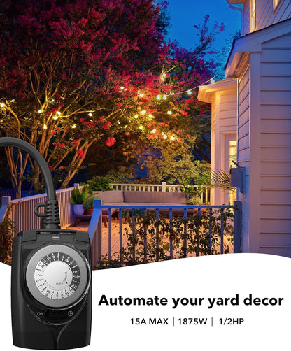 Outdoor Timer Outlet Waterproof, 24 Hour Mechanical Light Timers for Electrical Outlets Outdoor Weatherproof, 2 Grounded Outlets for Christmas Lights, Holiday Decorations, 15A 1/2HP