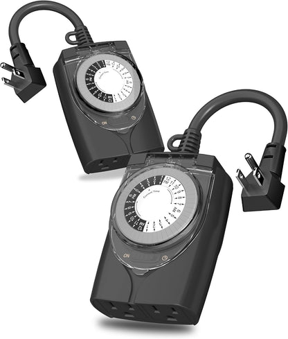 Outdoor Timer Outlet Waterproof, 24 Hour Mechanical Light Timers for Electrical Outlets Outdoor Weatherproof, 2 Grounded Outlets for Christmas Lights, Holiday Decorations, 15A 1/2HP