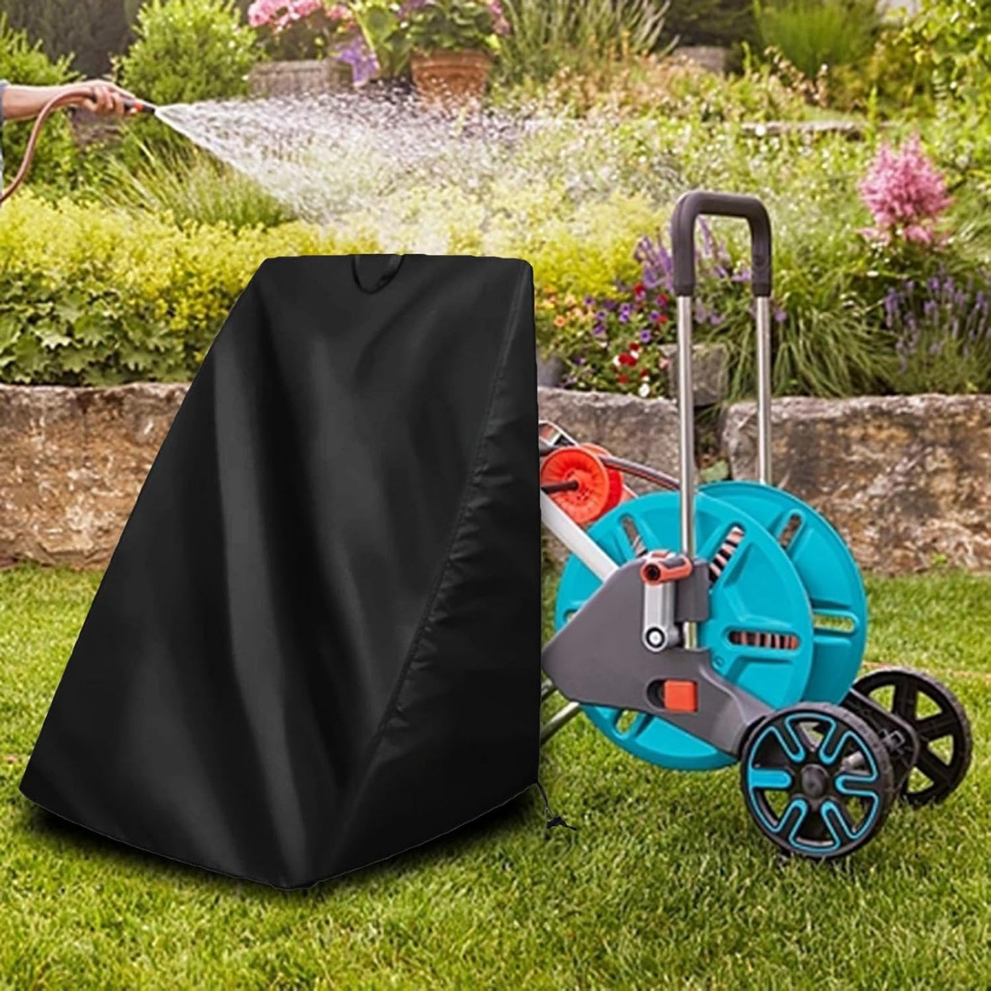Garden Hose Reel Cover Weatherproof – Oxford Cloth Retractable Hose Reel Cover, Waterproof & Sun Protection, 23.6×17.7×23.6 Inch Unfold, with Storage Bag – Black