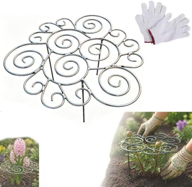 Metal Plant Support Ring for Garden, Heavy Duty Green Flower Hoop with Gardening Gloves, Peony Cage Stand for Outdoor Beds Indoor Pots, Grow Through Trellis 3 Sizes (1PC, Medium (16in Diameter))