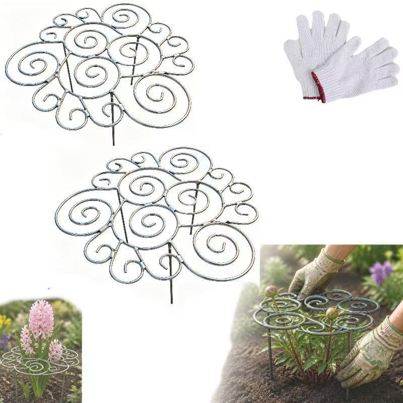 Metal Plant Support Ring for Garden, Heavy Duty Green Flower Hoop with Gardening Gloves, Peony Cage Stand for Outdoor Beds Indoor Pots, Grow Through Trellis 3 Sizes (1PC, Medium (16in Diameter))