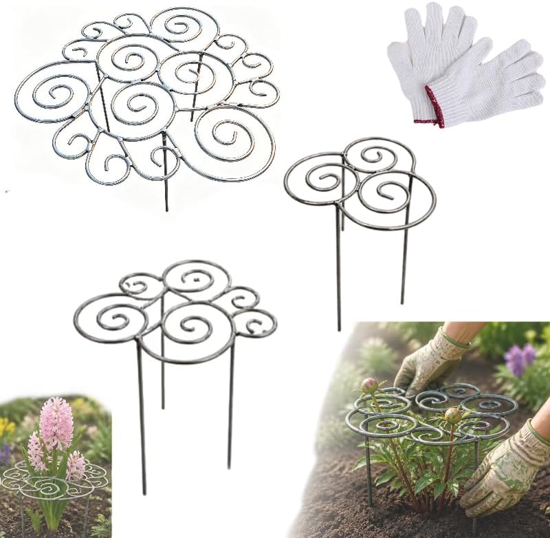Metal Plant Support Ring for Garden, Heavy Duty Green Flower Hoop with Gardening Gloves, Peony Cage Stand for Outdoor Beds Indoor Pots, Grow Through Trellis 3 Sizes (1PC, Medium (16in Diameter))