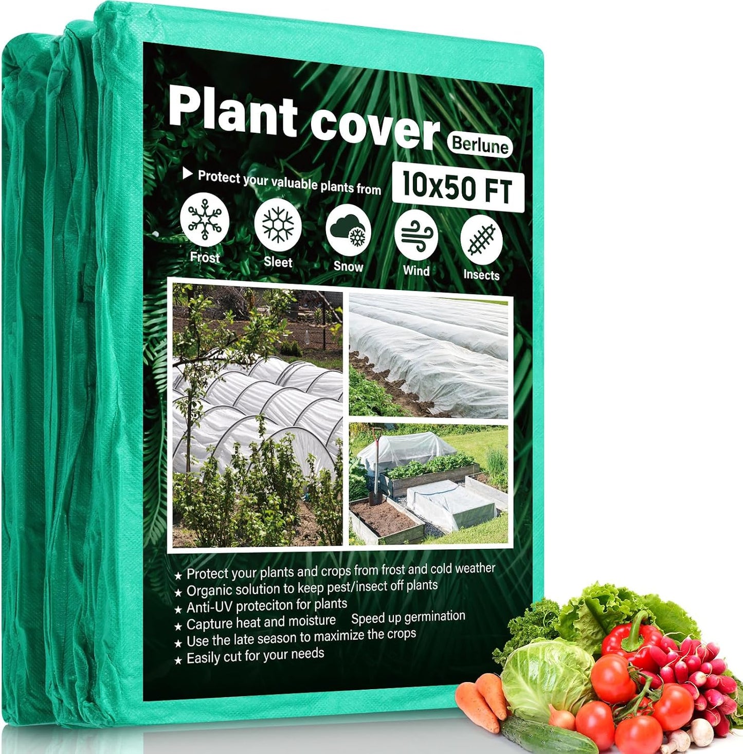 Frost Blanket Plant Covers for Freeze Winter, 10 ft x 50 ft, Green
