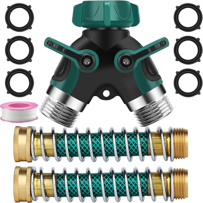 Garden Hose Splitter 2 Way, 3/4" Y Water Hose Splitter with Comfort Rubber Long Handle, Faucet Splitter, Heavy Duty Metal Connector with 2 Kink Free Faucet Extension Hose Protector