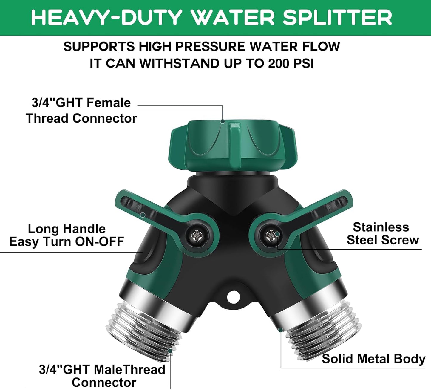 Garden Hose Splitter 2 Way, 3/4" Y Water Hose Splitter with Comfort Rubber Long Handle, Faucet Splitter, Heavy Duty Metal Connector with 2 Kink Free Faucet Extension Hose Protector