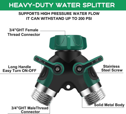 Garden Hose Splitter 2 Way, 3/4" Y Water Hose Splitter with Comfort Rubber Long Handle, Faucet Splitter, Heavy Duty Metal Connector with 2 Kink Free Faucet Extension Hose Protector