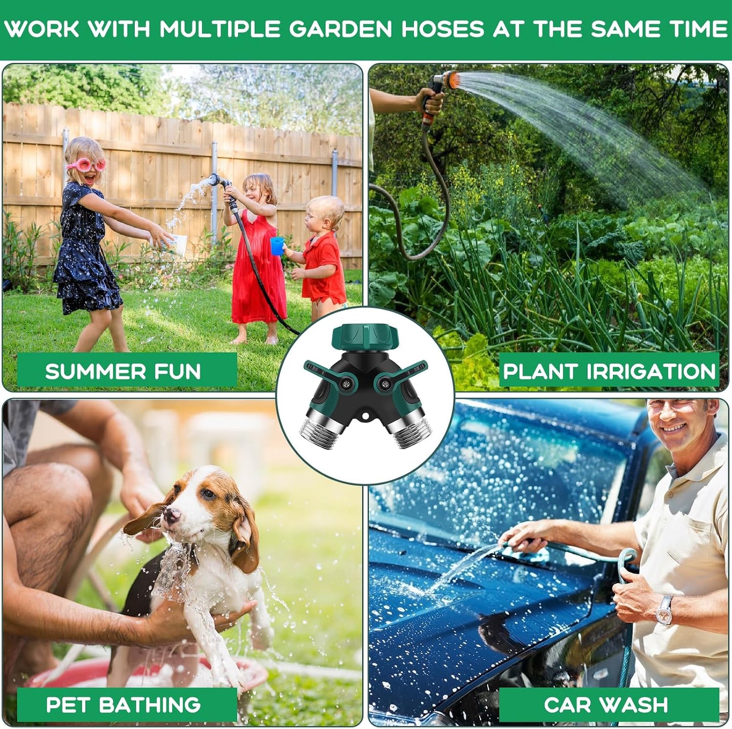 Garden Hose Splitter 2 Way, 3/4" Y Water Hose Splitter with Comfort Rubber Long Handle, Faucet Splitter, Heavy Duty Metal Connector with 2 Kink Free Faucet Extension Hose Protector
