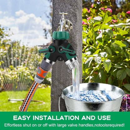 Garden Hose Splitter 2 Way, 3/4" Y Water Hose Splitter with Comfort Rubber Long Handle, Faucet Splitter, Heavy Duty Metal Connector with 2 Kink Free Faucet Extension Hose Protector