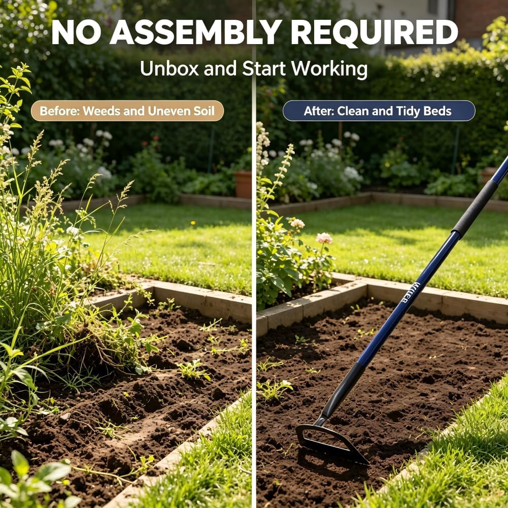 WIEKR Sharp Garden Hoe – Heavy Duty Weeding Hoe with Long Fiberglass Handle – Pre-Sharpened Blade for Easy Weeding – Large Hoe for Gardening, Farm, Field