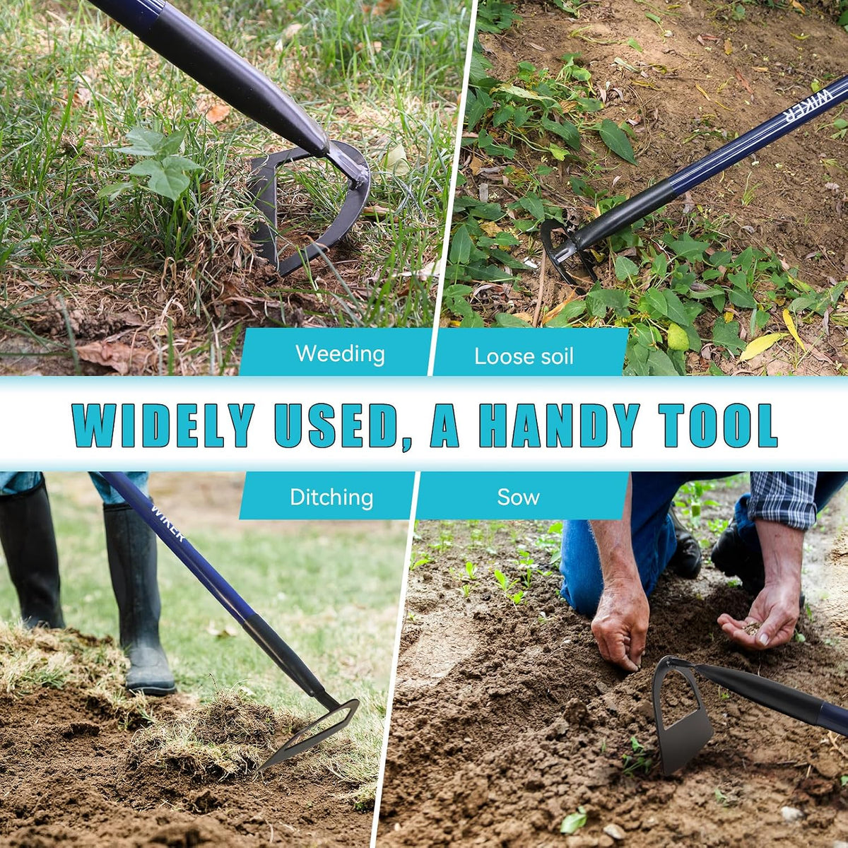 WIEKR Sharp Garden Hoe – Heavy Duty Weeding Hoe with Long Fiberglass Handle – Pre-Sharpened Blade for Easy Weeding – Large Hoe for Gardening, Farm, Field