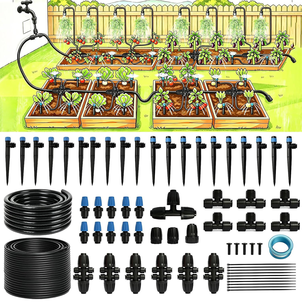 240FT Drip Irrigation System Kits, Quick-Connect Garden Watering System for Raised Bed, Potted Plants, Lawn, Greenhouse with 1/2 inch Hose 1/4 inch Tubing and Accessories