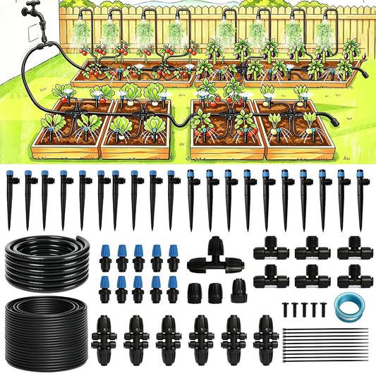 240FT Drip Irrigation System Kits, Quick-Connect Garden Watering System for Raised Bed, Potted Plants, Lawn, Greenhouse with 1/2 inch Hose 1/4 inch Tubing and Accessories