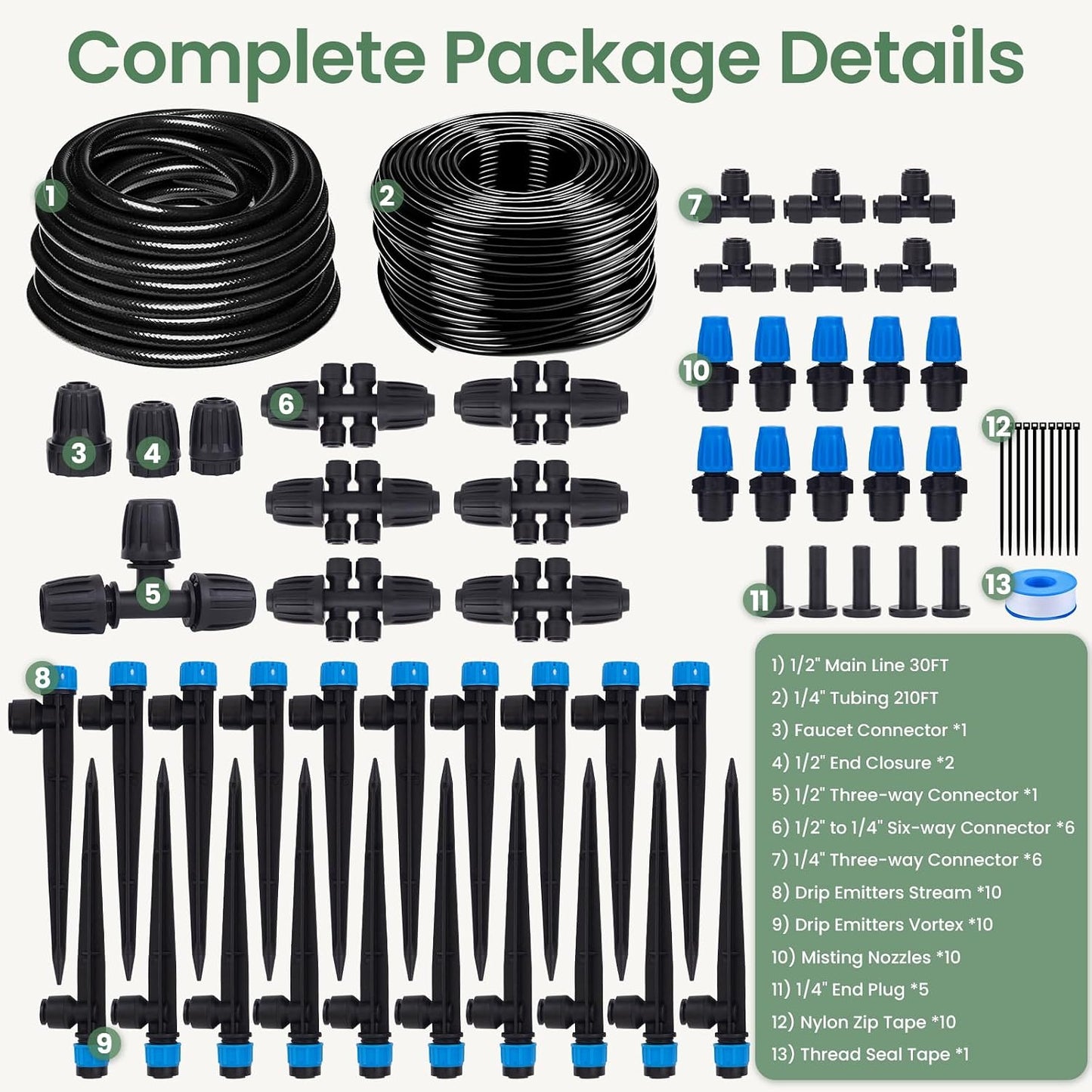 240FT Drip Irrigation System Kits, Quick-Connect Garden Watering System for Raised Bed, Potted Plants, Lawn, Greenhouse with 1/2 inch Hose 1/4 inch Tubing and Accessories