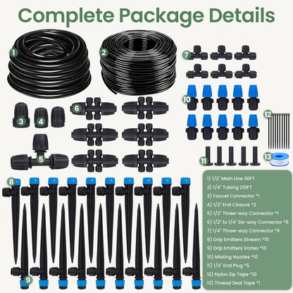 240FT Drip Irrigation System Kits, Quick-Connect Garden Watering System for Raised Bed, Potted Plants, Lawn, Greenhouse with 1/2 inch Hose 1/4 inch Tubing and Accessories