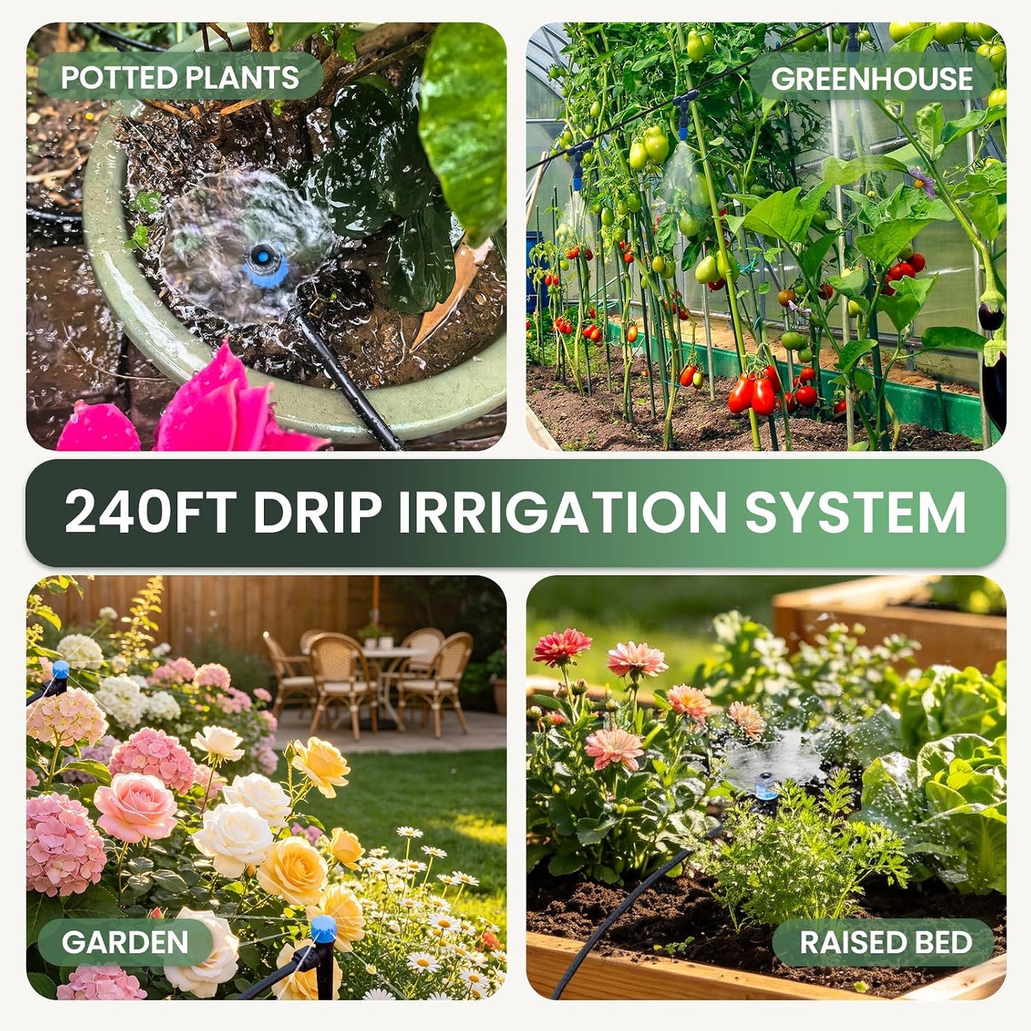240FT Drip Irrigation System Kits, Quick-Connect Garden Watering System for Raised Bed, Potted Plants, Lawn, Greenhouse with 1/2 inch Hose 1/4 inch Tubing and Accessories