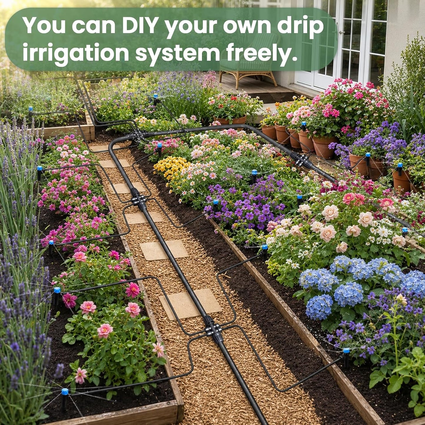 240FT Drip Irrigation System Kits, Quick-Connect Garden Watering System for Raised Bed, Potted Plants, Lawn, Greenhouse with 1/2 inch Hose 1/4 inch Tubing and Accessories