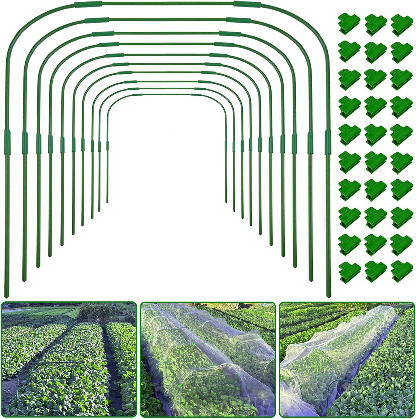10 Sets 41.3"x32" Greenhouse Hoops Grow Tunnel for Raised Beds,Durable Rust-Free Removable Row Cover Hoops for Garden Netting DIY Kits with 30 Clips,Garden Hoops for Outdoor Vegetables Climbing Plant