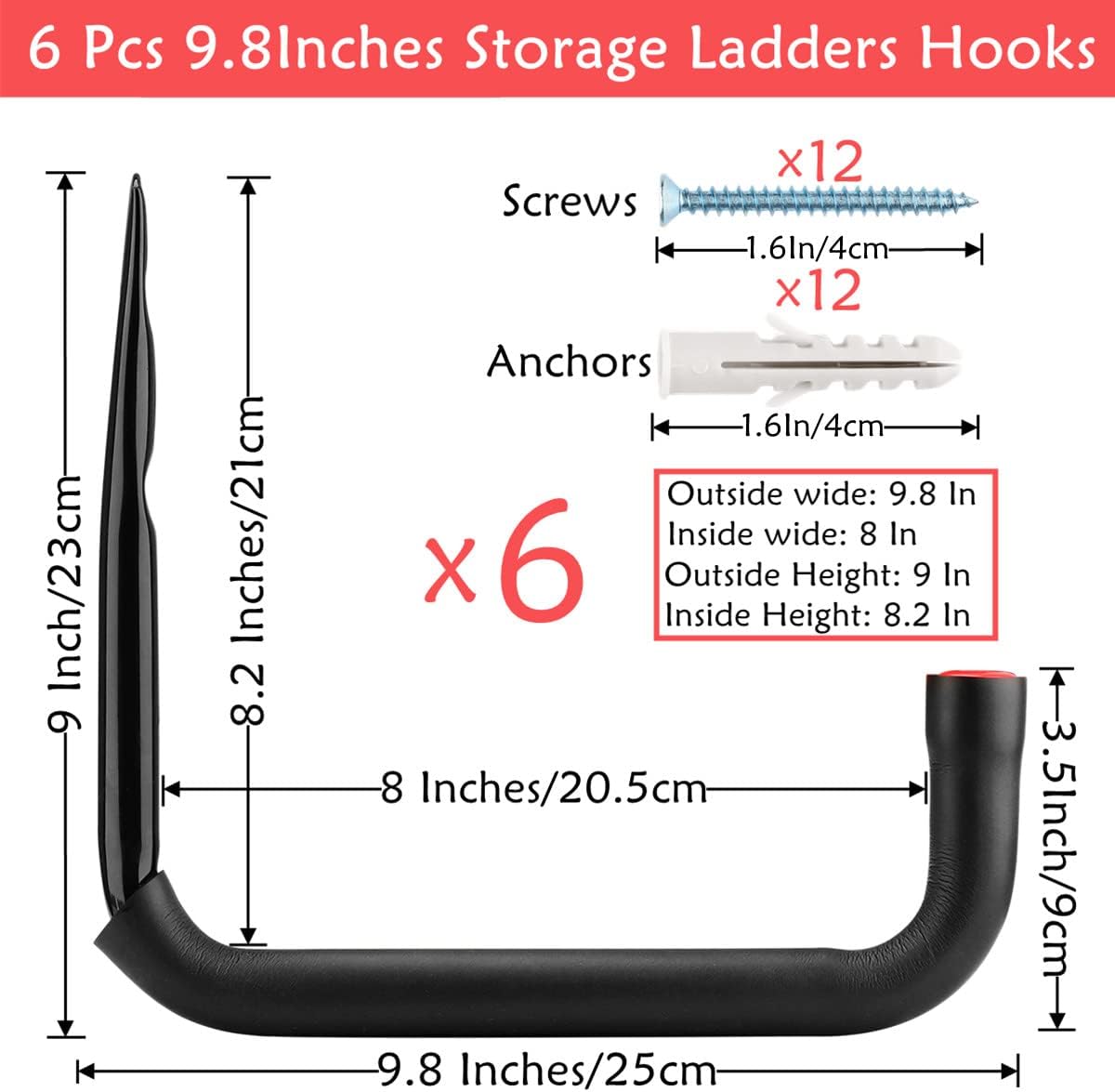 Garage Storage Ladders Hooks, 6 Pack Heavy Duty Utility Hanger, 9.8IN Wall Mount Rack Safely Holds 50 Pounds