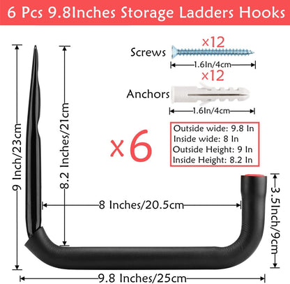 Garage Storage Ladders Hooks, 6 Pack Heavy Duty Utility Hanger, 9.8IN Wall Mount Rack Safely Holds 50 Pounds