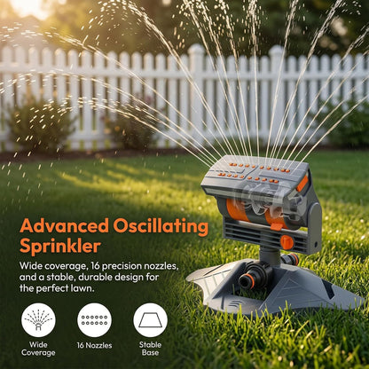2026 New Adjustable Oscillating Sprinkler Wide Coverage, 16-Nozzle Oscillating Sprinkler, Lawn Sprinkler Oscillating, Mini Turbo Oscillating Water Sprinkler (Black, with a Set nozzles)