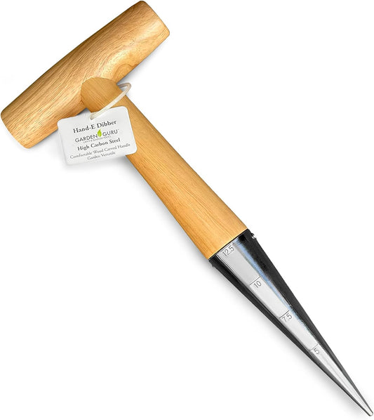 Steel Dibber Planter Tool for Planting Seeds & Bulbs - High Carbon Steel & Comfortable Wood Carved Handle - for Consistent Planting Flowers Tulips, Daffodils, Dahlias