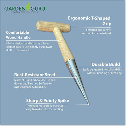 Steel Dibber Planter Tool for Planting Seeds & Bulbs - High Carbon Steel & Comfortable Wood Carved Handle - for Consistent Planting Flowers Tulips, Daffodils, Dahlias