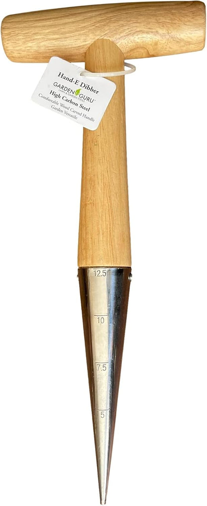 Steel Dibber Planter Tool for Planting Seeds & Bulbs - High Carbon Steel & Comfortable Wood Carved Handle - for Consistent Planting Flowers Tulips, Daffodils, Dahlias