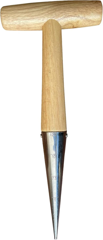 Steel Dibber Planter Tool for Planting Seeds & Bulbs - High Carbon Steel & Comfortable Wood Carved Handle - for Consistent Planting Flowers Tulips, Daffodils, Dahlias