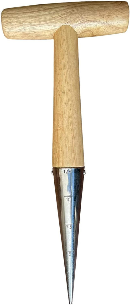 Steel Dibber Planter Tool for Planting Seeds & Bulbs - High Carbon Steel & Comfortable Wood Carved Handle - for Consistent Planting Flowers Tulips, Daffodils, Dahlias