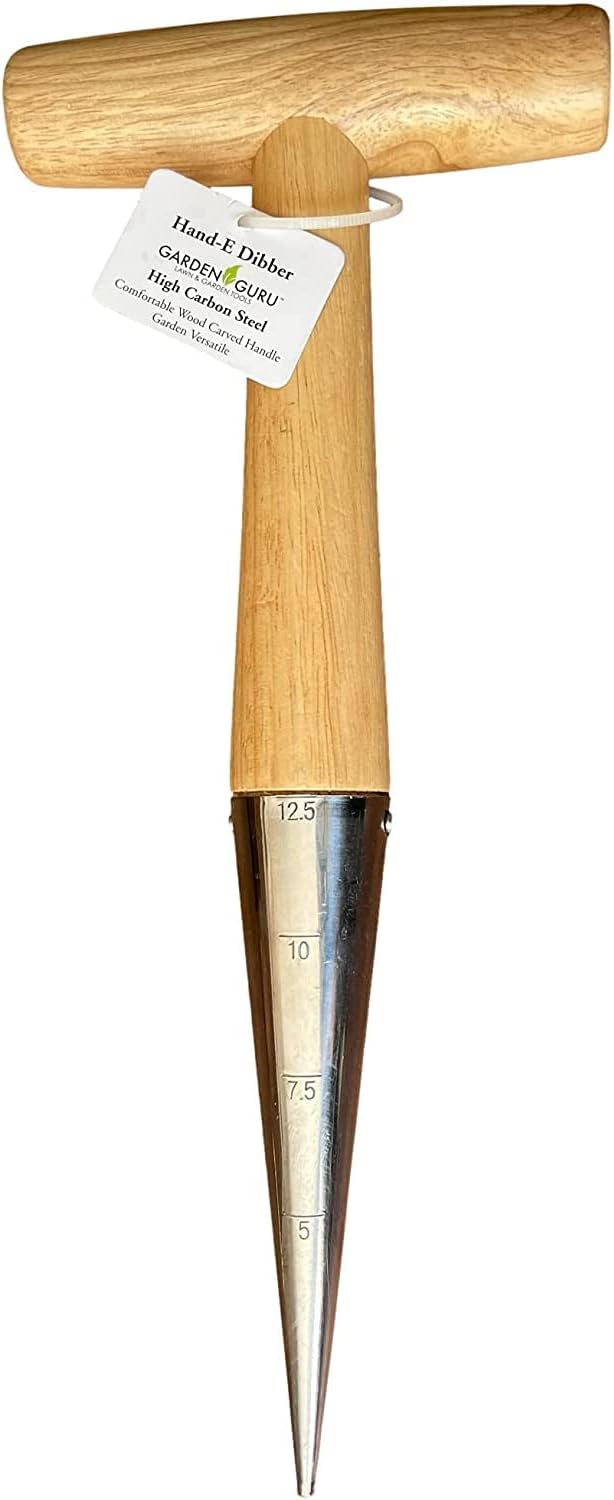 Steel Dibber Planter Tool for Planting Seeds & Bulbs - High Carbon Steel & Comfortable Wood Carved Handle - for Consistent Planting Flowers Tulips, Daffodils, Dahlias