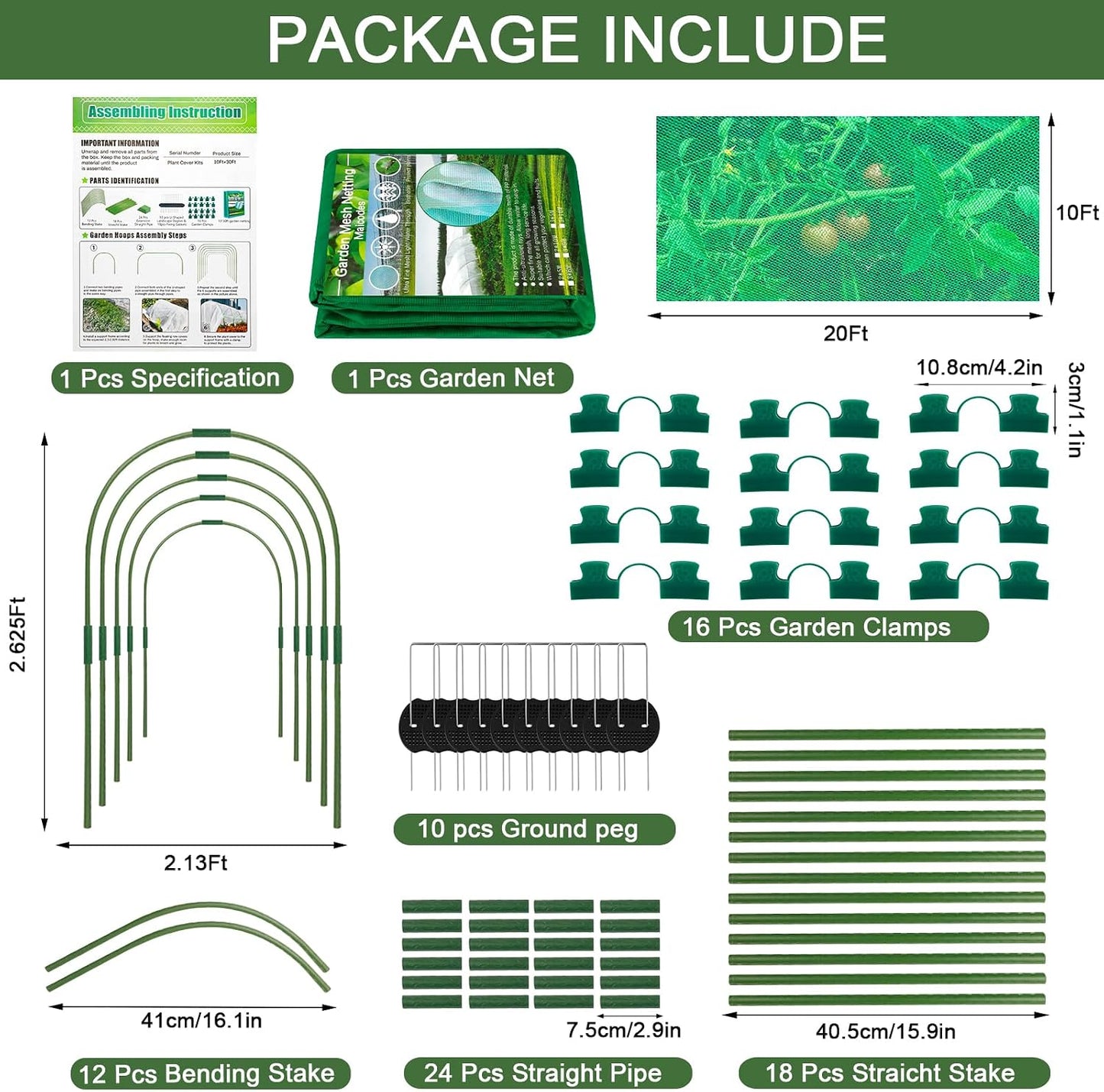 Garden Mesh Netting Kit 10 x 20 FT Garden Netting for Raised Beds with 6 Pcs Garden Hoops & 16 Pcs Garden Clips - Protect Your Climbing Plants, Vegetables, and Fruits from Animals and Birds