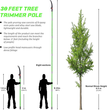 Pole Saw for Tree Trimming - 30.1 FT Extendable Tree Pruner, Long Handle Tree Trimmer, High Reach Branch Cutter, Heavy Duty Pole Pruning Saw, Tree Cutting Tool for Hard-to-Reach Branches