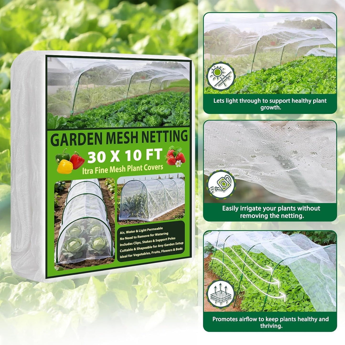 Garden Netting Kit 10×30 FT Ultra Fine Mesh Plant Protection Cover