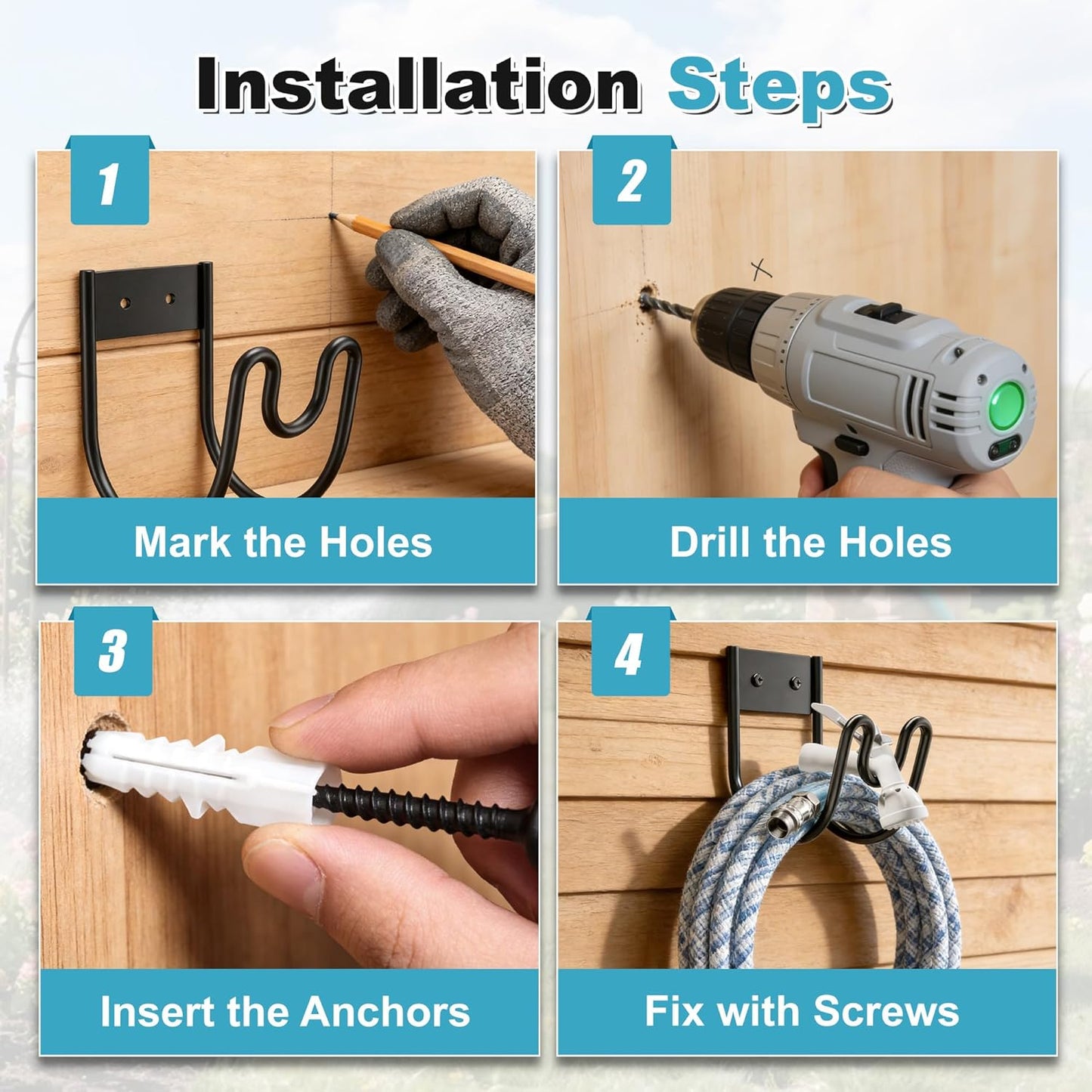 Garden Hose Holder Wall Mount, Heavy Duty Metal Water Hose Hanger for Outside, Sturdy Hose Reel Hooks for Garden, Garage or Yard Storage