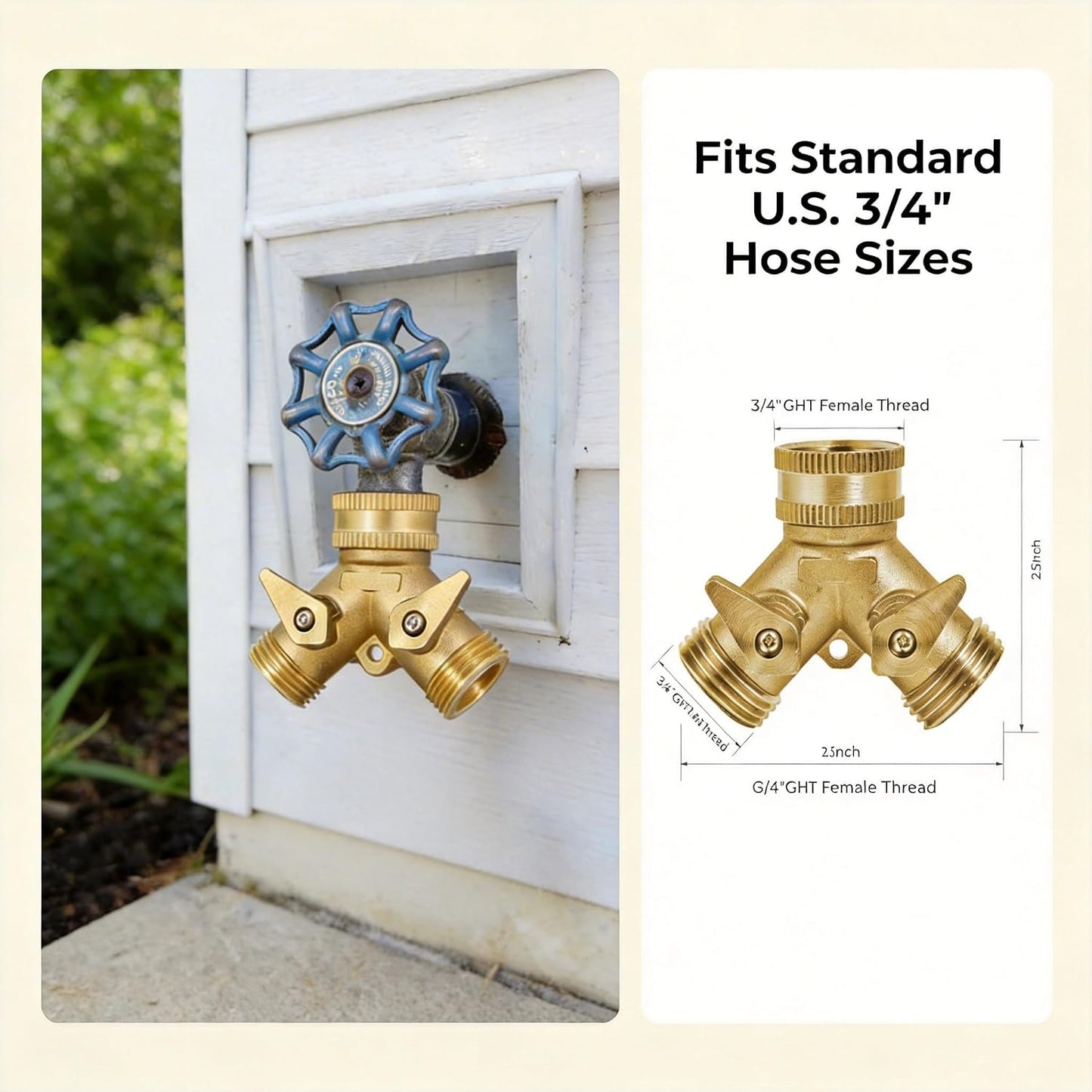 ‌ 2 Way Garden Hose Splitter, 3/4" Heavy Duty Solid Brass Hose Y Splitter With 2 Shut-off for Outdoor Faucet & Garden Hose