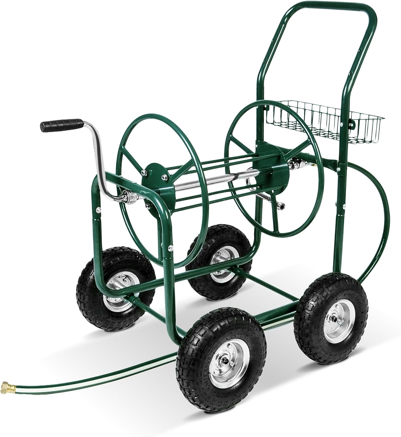 Garden Hose Reel Cart, Hold Up to 230 ft of 5/8’’ Hose 4-Wheel Portable with Storage Basket, Rust-Resistant Heavy Duty Water Hose Reels for Outside