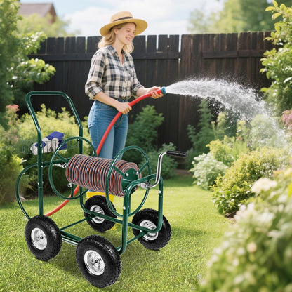 Garden Hose Reel Cart, Hold Up to 230 ft of 5/8’’ Hose 4-Wheel Portable with Storage Basket, Rust-Resistant Heavy Duty Water Hose Reels for Outside
