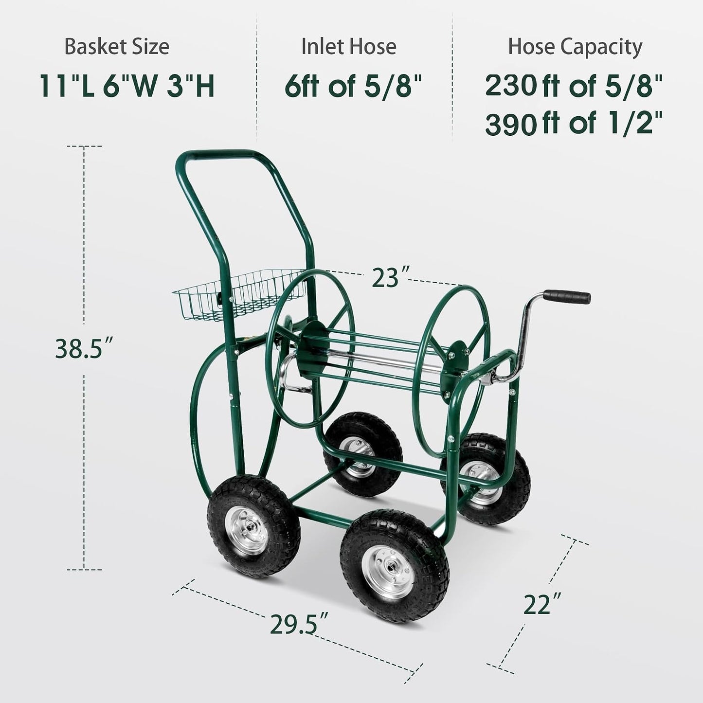 Garden Hose Reel Cart, Hold Up to 230 ft of 5/8’’ Hose 4-Wheel Portable with Storage Basket, Rust-Resistant Heavy Duty Water Hose Reels for Outside