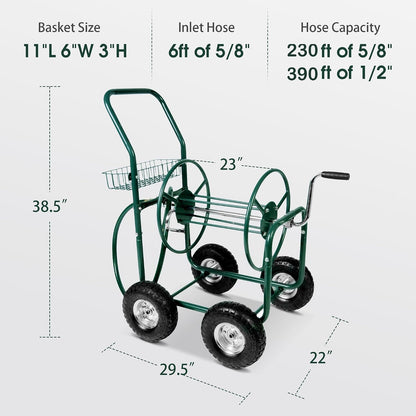 Garden Hose Reel Cart, Hold Up to 230 ft of 5/8’’ Hose 4-Wheel Portable with Storage Basket, Rust-Resistant Heavy Duty Water Hose Reels for Outside
