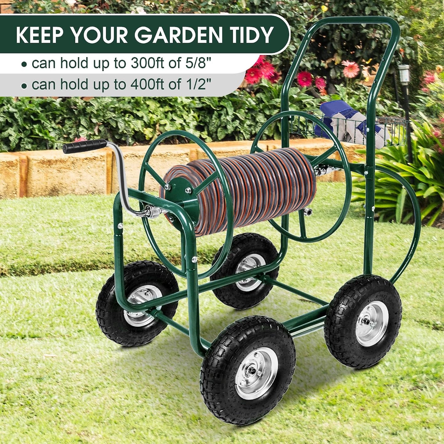Garden Hose Reel Cart, Hold Up to 230 ft of 5/8’’ Hose 4-Wheel Portable with Storage Basket, Rust-Resistant Heavy Duty Water Hose Reels for Outside
