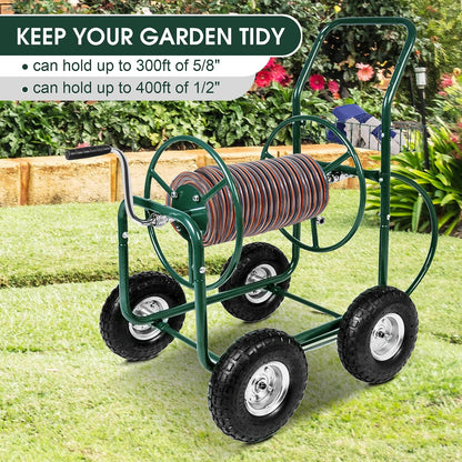Garden Hose Reel Cart, Hold Up to 230 ft of 5/8’’ Hose 4-Wheel Portable with Storage Basket, Rust-Resistant Heavy Duty Water Hose Reels for Outside
