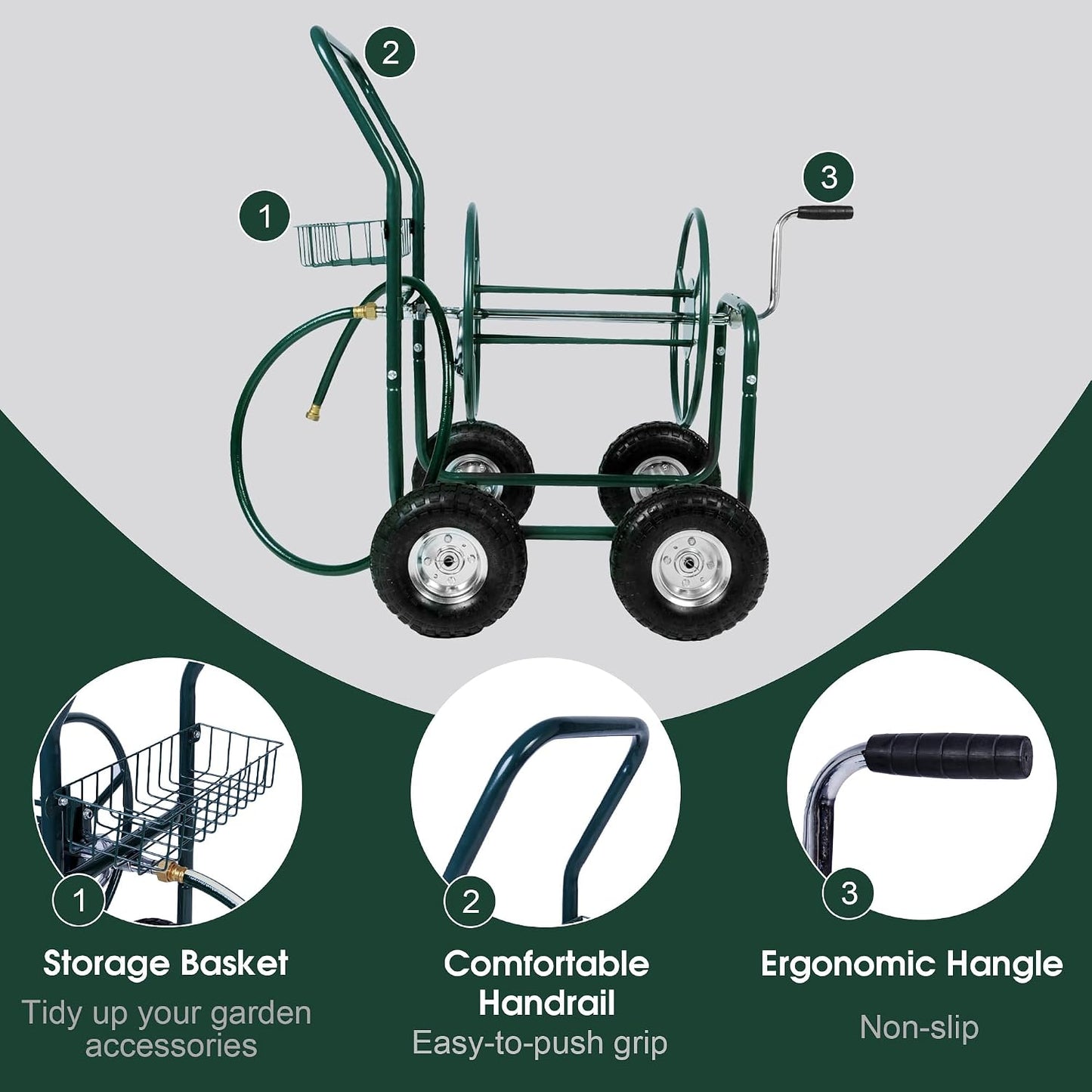 Garden Hose Reel Cart, Hold Up to 230 ft of 5/8’’ Hose 4-Wheel Portable with Storage Basket, Rust-Resistant Heavy Duty Water Hose Reels for Outside