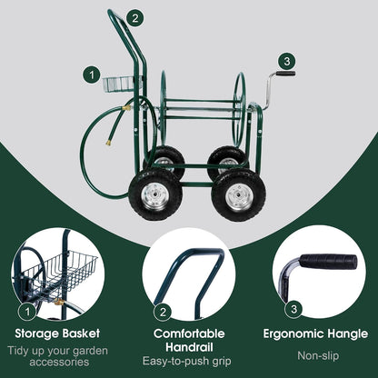 Garden Hose Reel Cart, Hold Up to 230 ft of 5/8’’ Hose 4-Wheel Portable with Storage Basket, Rust-Resistant Heavy Duty Water Hose Reels for Outside