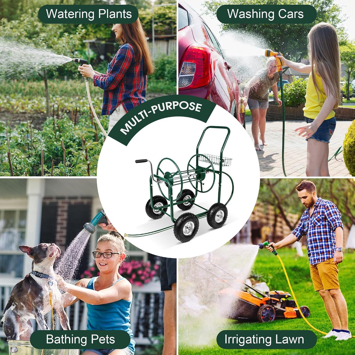 Garden Hose Reel Cart, Hold Up to 230 ft of 5/8’’ Hose 4-Wheel Portable with Storage Basket, Rust-Resistant Heavy Duty Water Hose Reels for Outside
