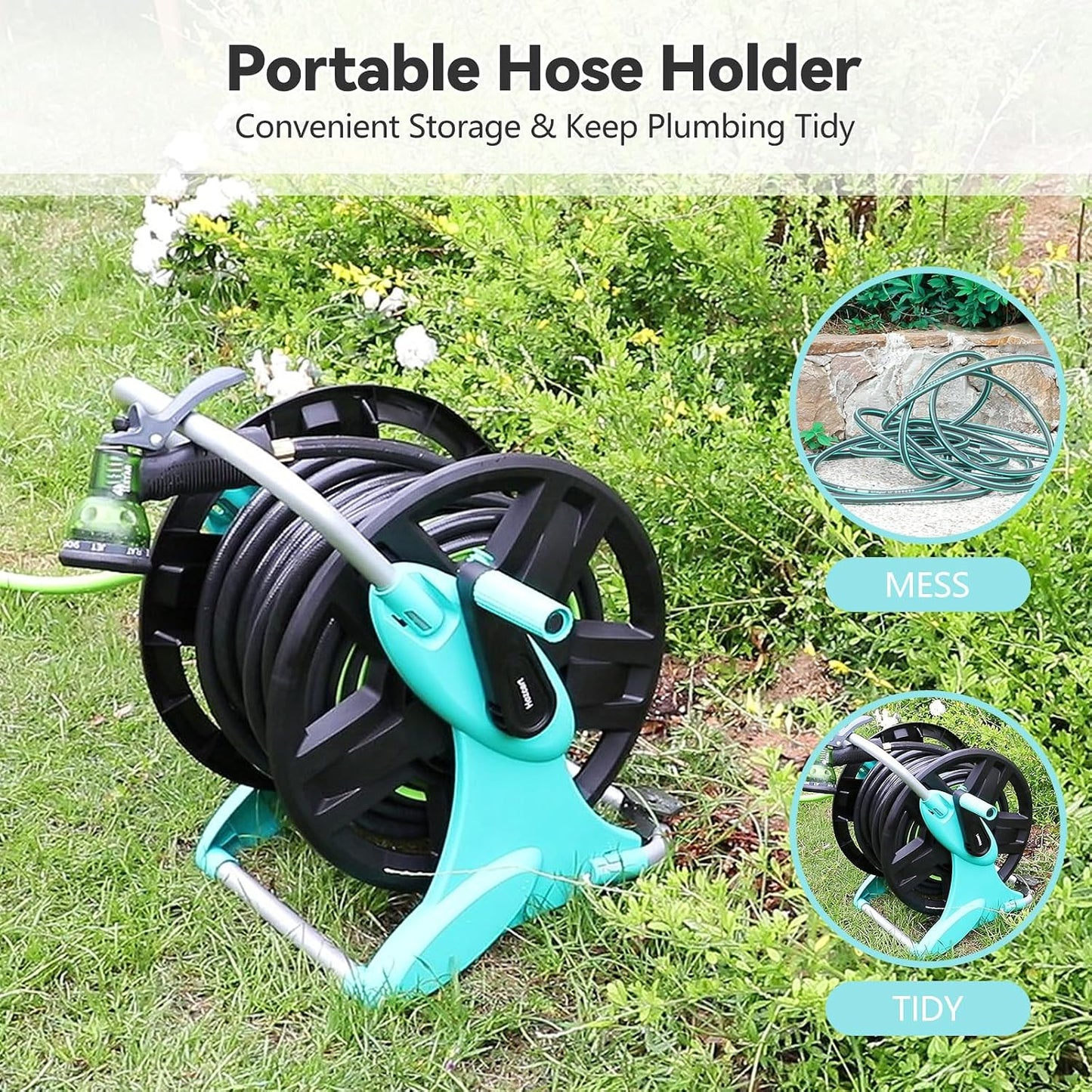 Garden Hose Reel Cart,Hose Holder Up to 50-100 Feet of 5/8" Hose,Wall Mounted Water Hose Reel,Portable Hose Reels for Outside Car Washing, Watering