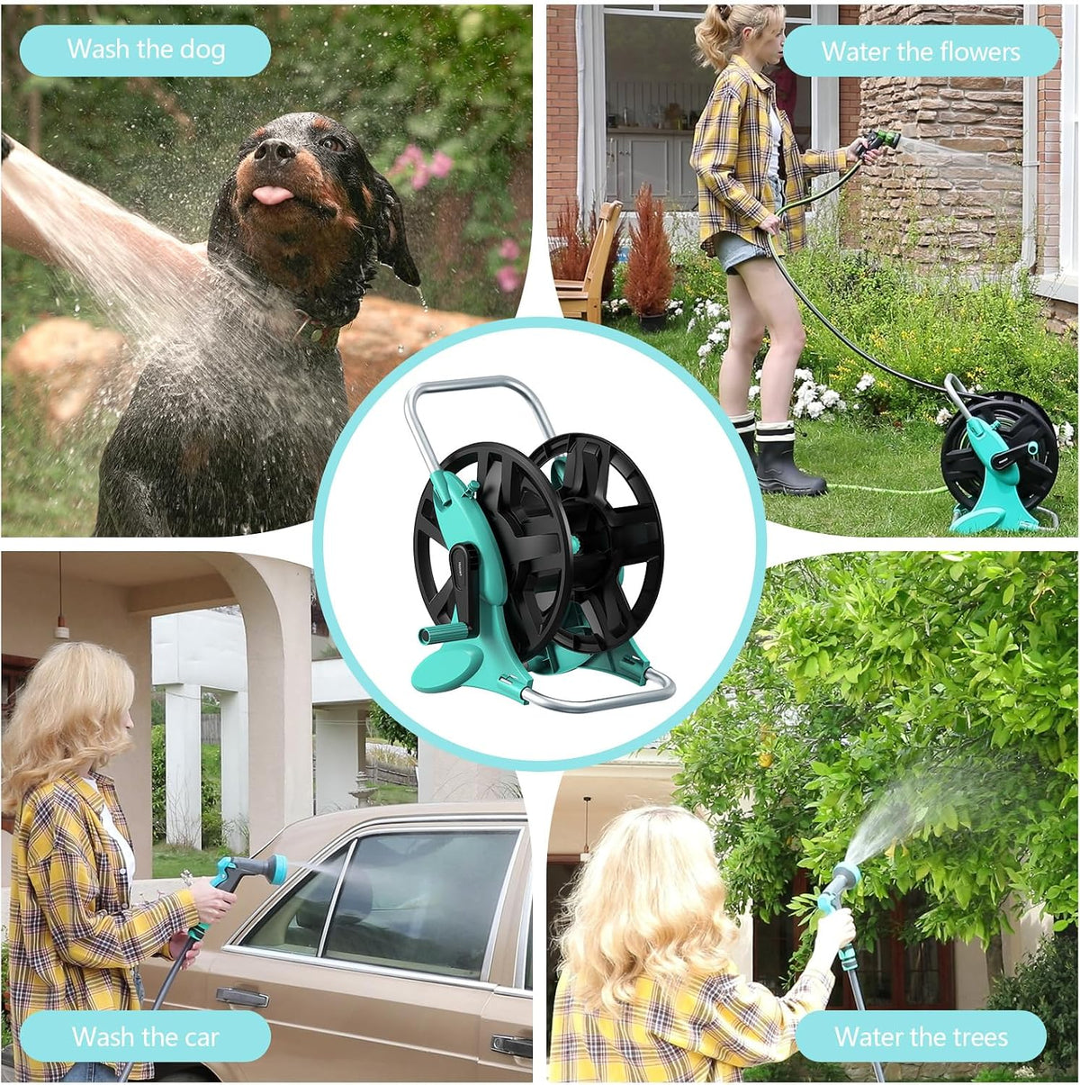 Garden Hose Reel Cart,Hose Holder Up to 50-100 Feet of 5/8" Hose,Wall Mounted Water Hose Reel,Portable Hose Reels for Outside Car Washing, Watering